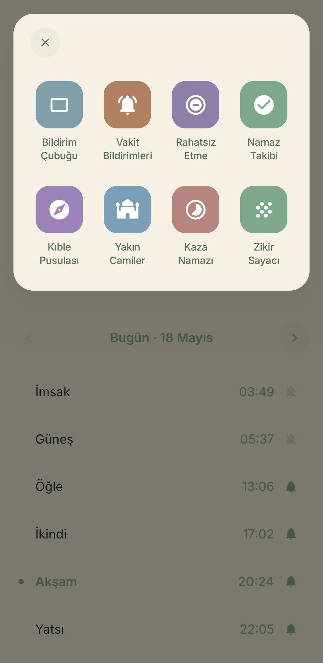 Namaz Vakti — Menü